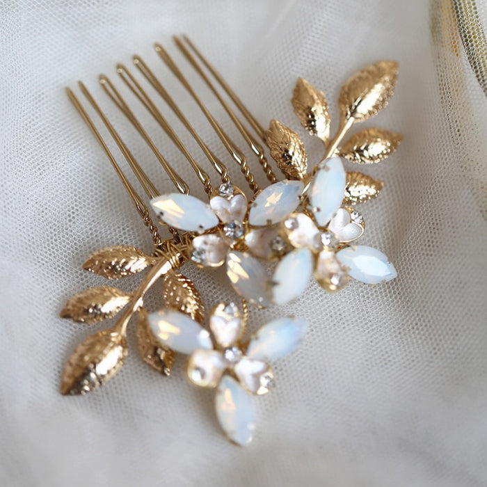 Jonnafe Gold Silver Color Leaf Wedding Hair Comb Pins Set Opal Crystal Bridal Hair Jewelry Accessories Women Headpiece
